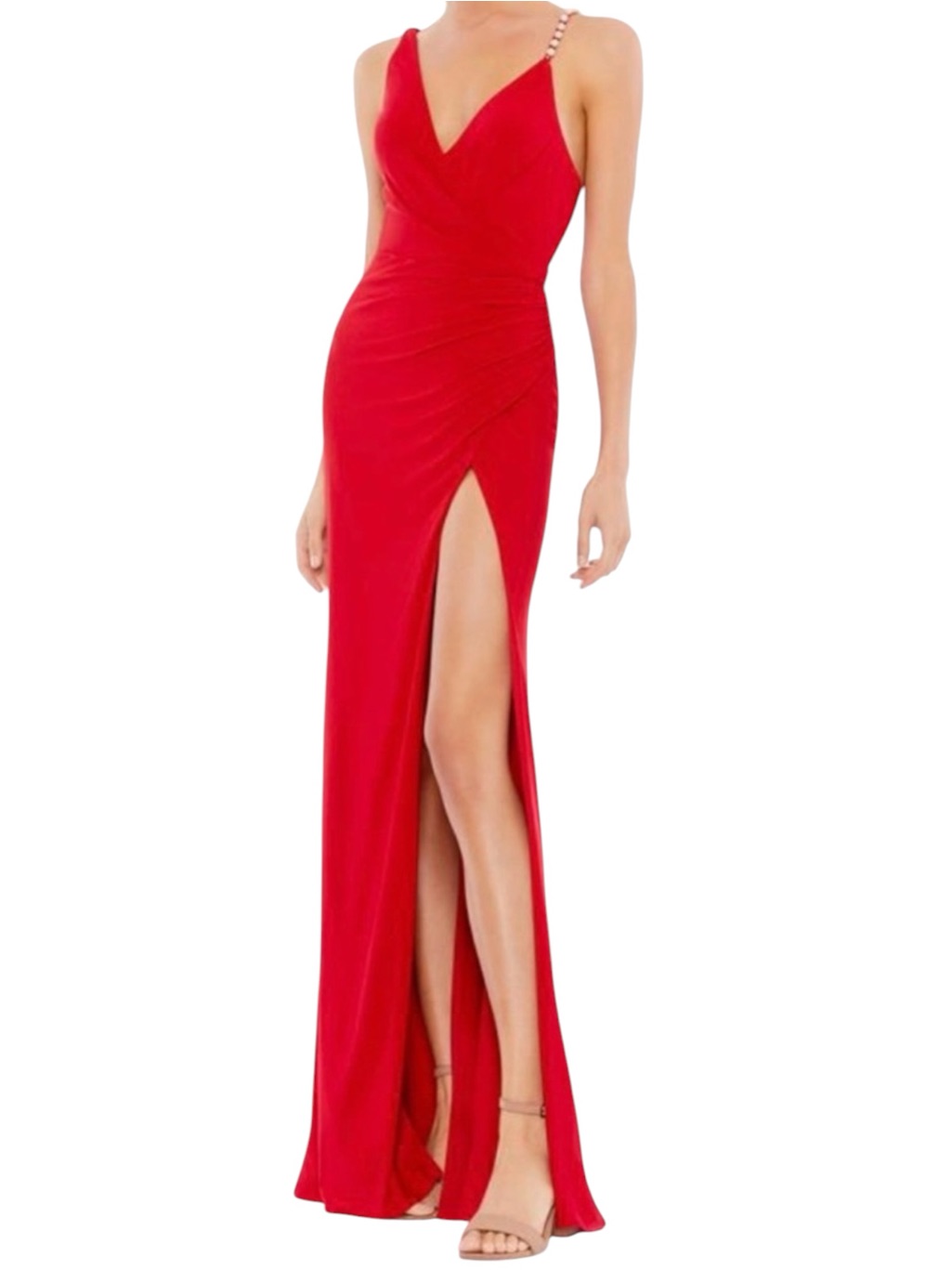 Mac Duggal 26532 Red Pearl Open Back Column Gown Nwt